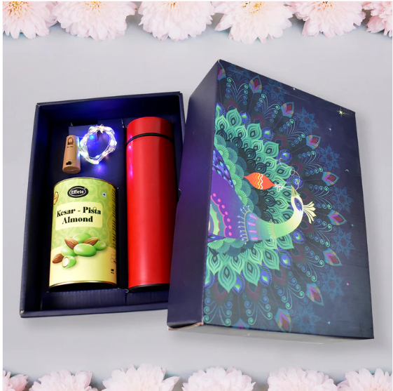 Personalized Temperature Water Bottle – Decorative Light & Kesar Pista Almond Chocolate Set