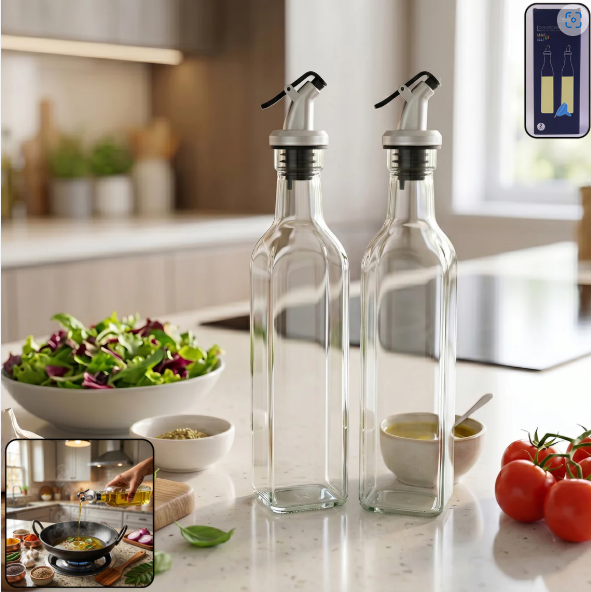 Glass Oil Dispenser Bottle Set - Leak Proof Transparent 2 Pc