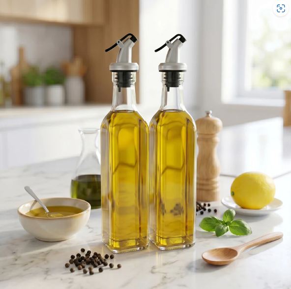 Glass Oil Dispenser Bottle Set - Leak Proof Transparent 2 Pc