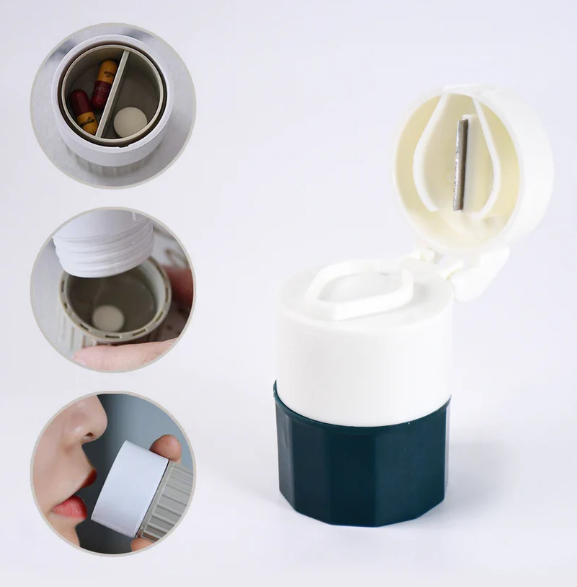 Pill Crusher 4-in-1 with Grinder, Cutter & Water Cup – Compact & Portable