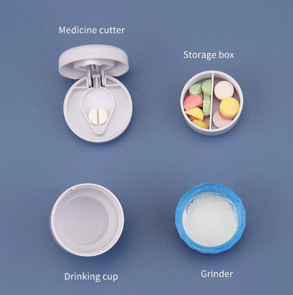 Pill Crusher 4-in-1 with Grinder, Cutter & Water Cup – Compact & Portable