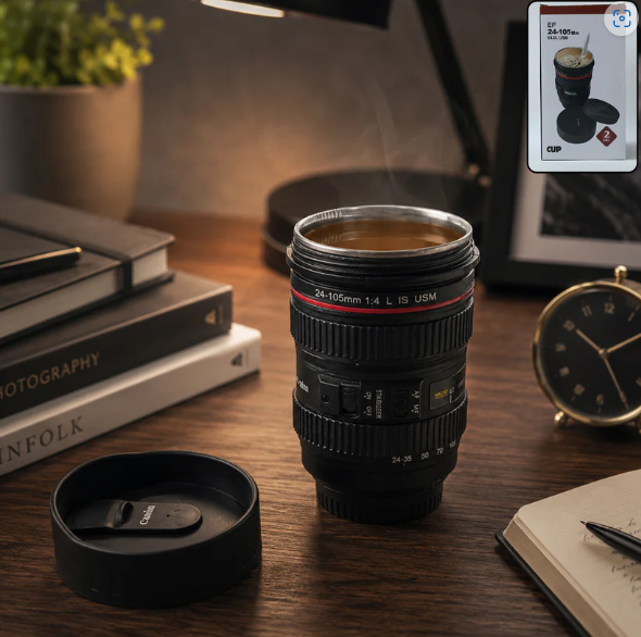 Camera Lens Coffee Mug – 350ml Travel Flask for Photographers