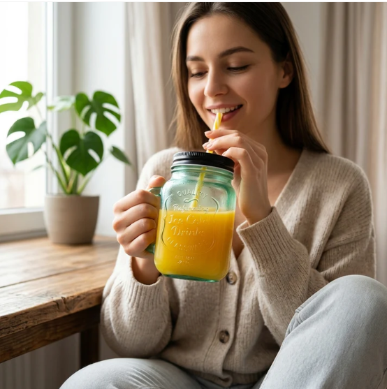 Mason Jar with Handle – Glass Drinking Cup & BPA-Free Straw | Indo Glow - Image 3