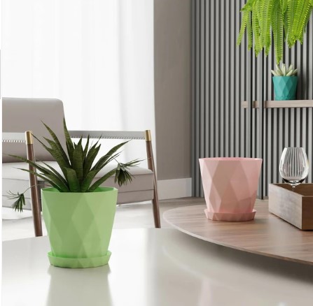 Diamond Flower Pots Set of 5 – Stylish Geometric Design with Saucers - Image 2