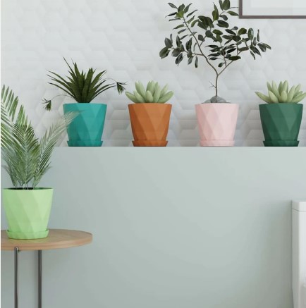 Diamond Flower Pots Set of 5 – Stylish Geometric Design with Saucers - Image 4