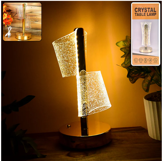 Crystal LED Double Shade Table Lamp – Elegant Golden Base Lighting