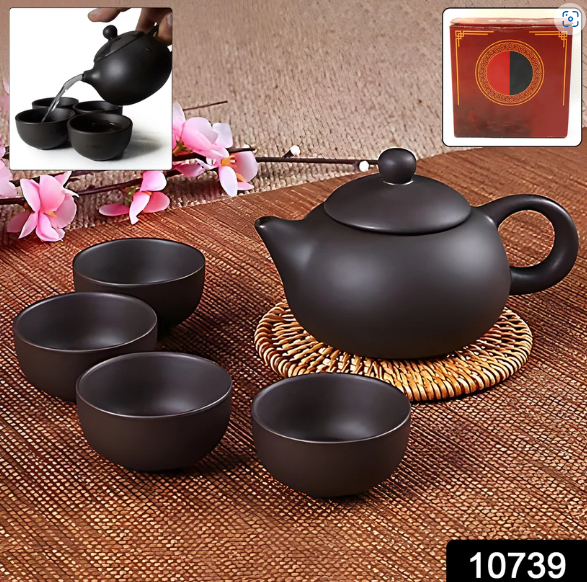 Matte Black Ceramic Tea Set – Elegant Teapot with 4 Cups