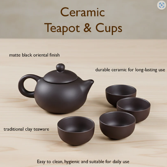 Matte Black Ceramic Tea Set – Elegant Teapot with 4 Cups