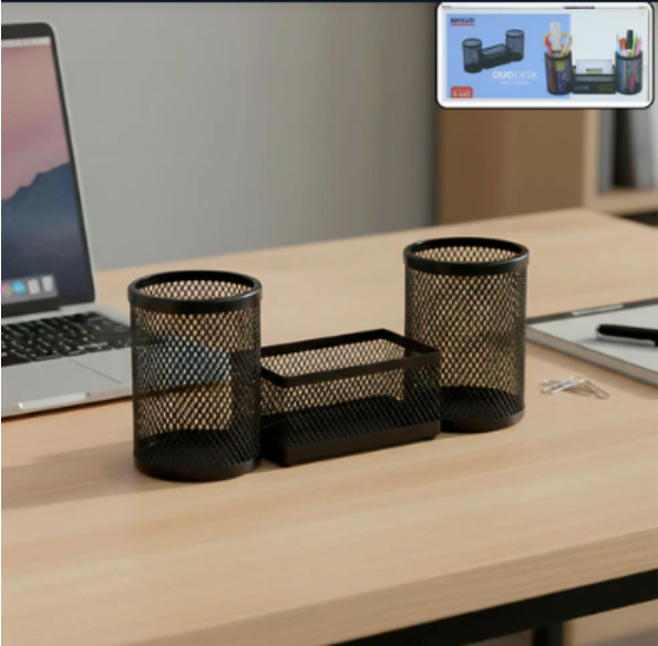 Desk Mesh Pen Stand – Dual Pencil Holders & Storage Tray
