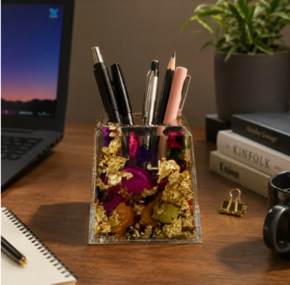Resin Flower Pen Stand – Elegant Desk Organizer for Office & Home