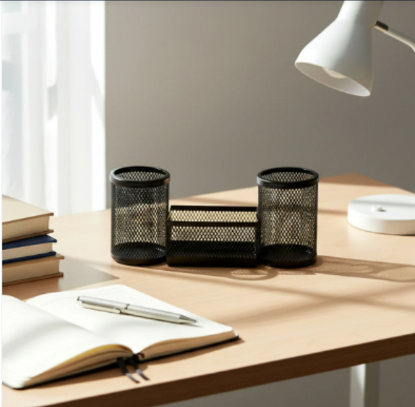 Desk Mesh Pen Stand – Dual Pencil Holders & Storage Tray