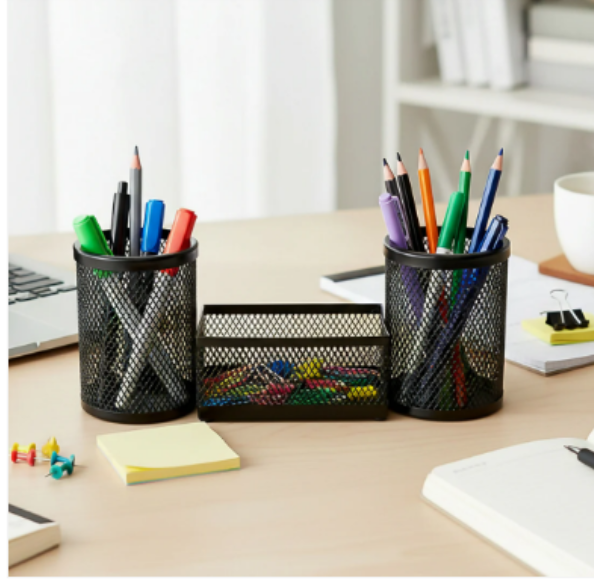 Desk Mesh Pen Stand – Dual Pencil Holders & Storage Tray