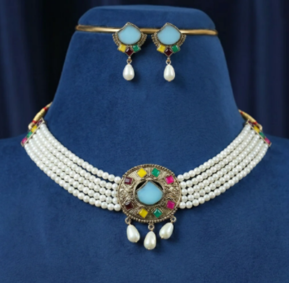 Sky Blue Stone Pearl Choker