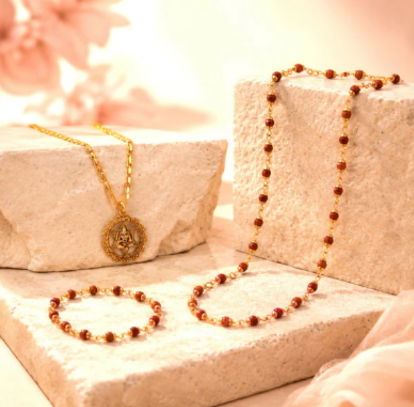 Gold-Tone Divine Pendant with Rudraksha Necklace & Bracelet Set - Image 2