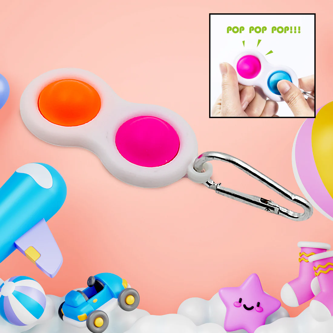 Unwind and de-stress anywhere with our vibrant Simple Dimple Fidget Toy Keychain
