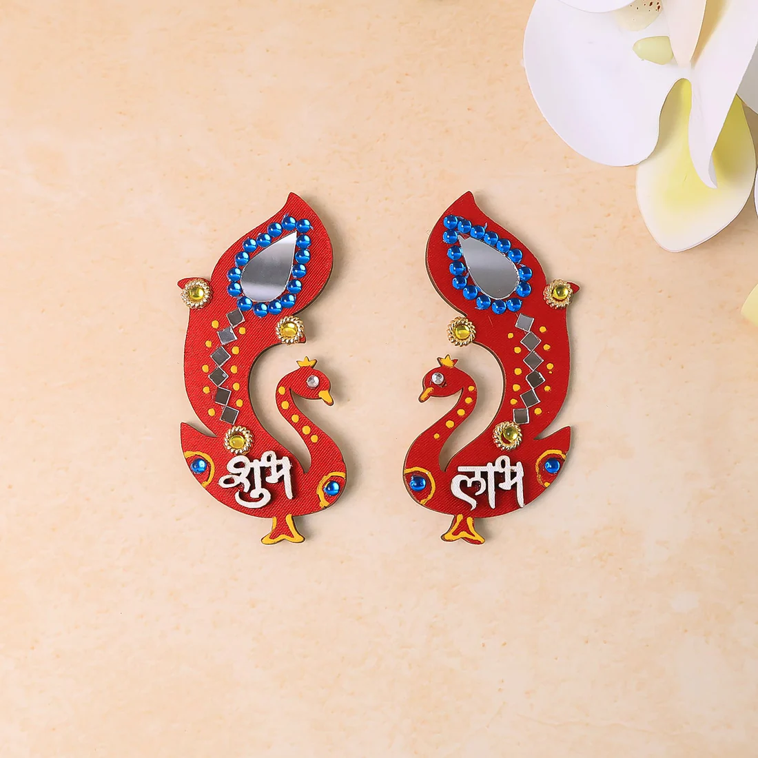 Shubh Labh Wall Hanging – Traditional Peacock Wooden Décor Set