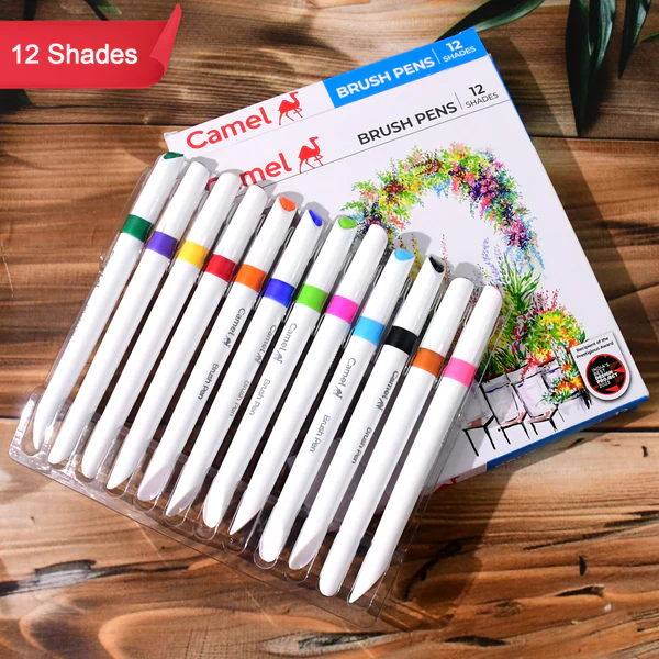 Camel Brush Pens – 12 Vibrant Colors with Flexible Tips