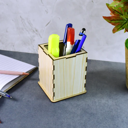 Wooden Pen Stand – Elegant Square Desk Organizer