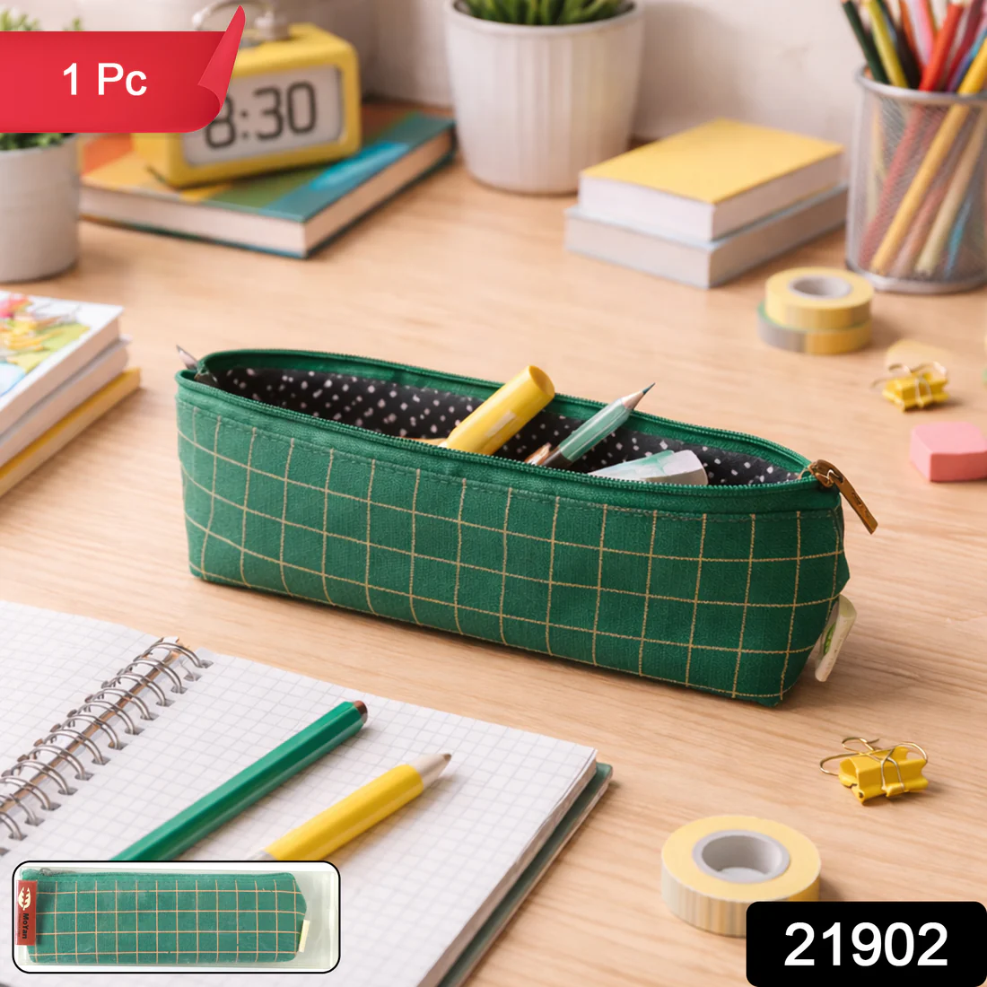 Green Grid Printed Pencil Pouch – Stylish & Compact Organizer