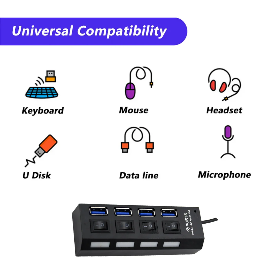 4 Port USB Hub – High-Speed 2.0 Splitter with Switches | Compshop - Image 3