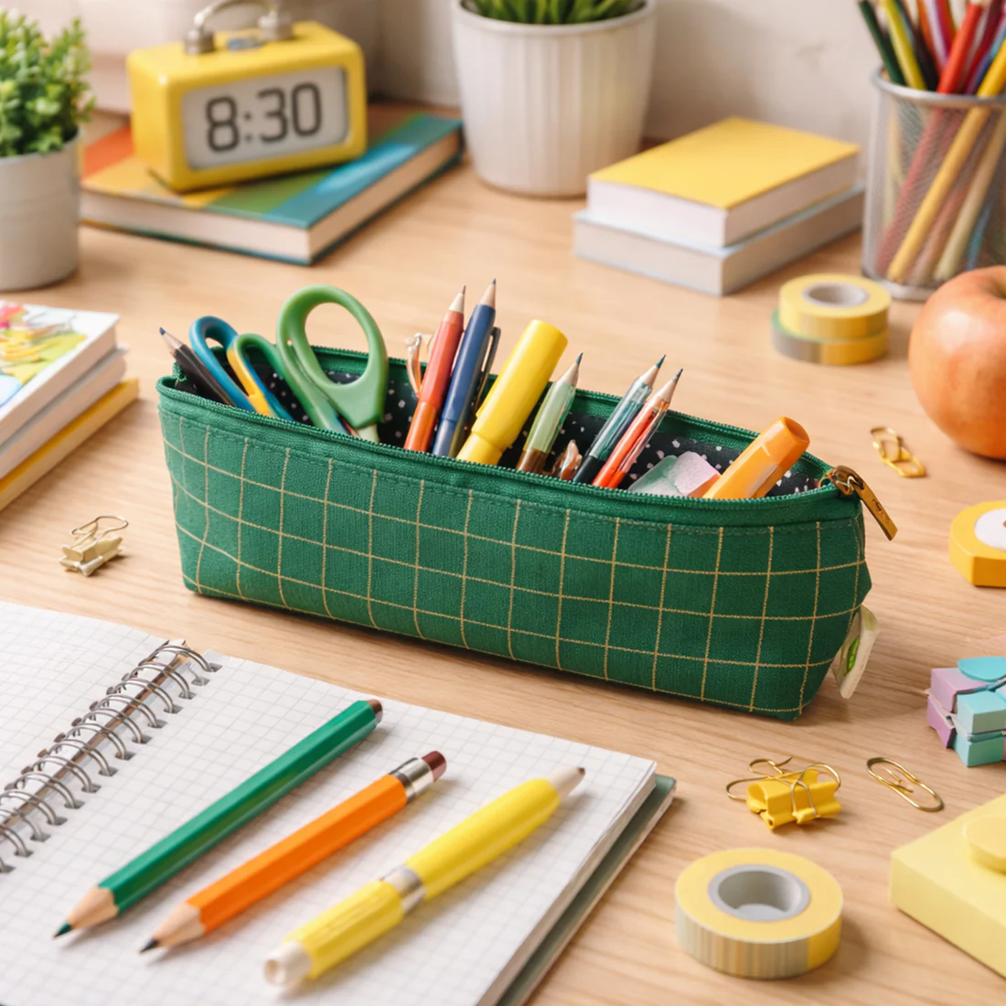 Green Grid Printed Pencil Pouch – Stylish & Compact Organizer