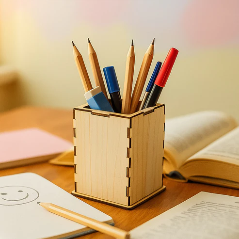 Wooden Pen Stand – Elegant Square Desk Organizer