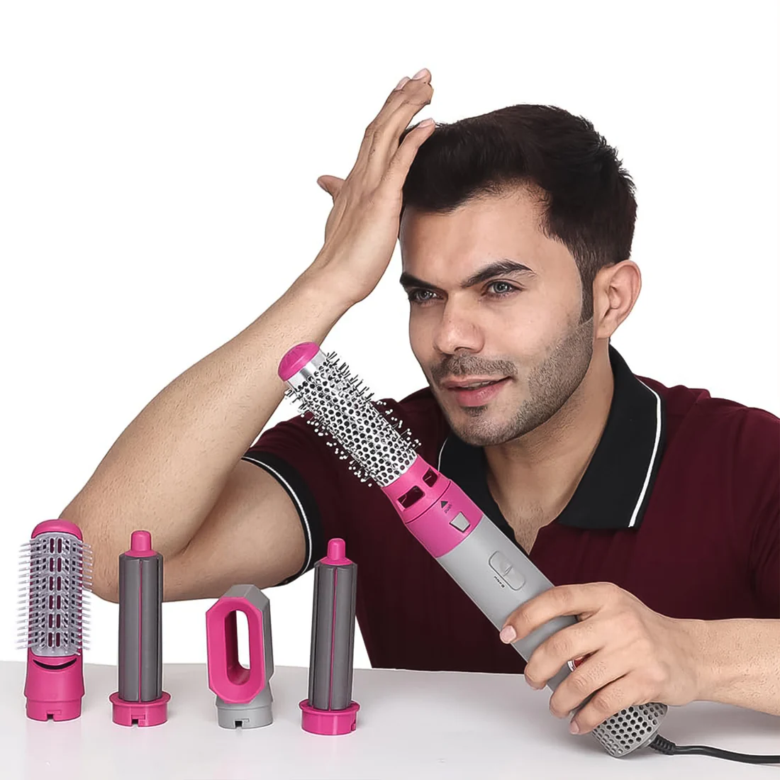 The 5 In 1 Hair Dryer Brush is a multifunctional hot air styler that effortlessly straightens, curls, dries, and combs your hair.