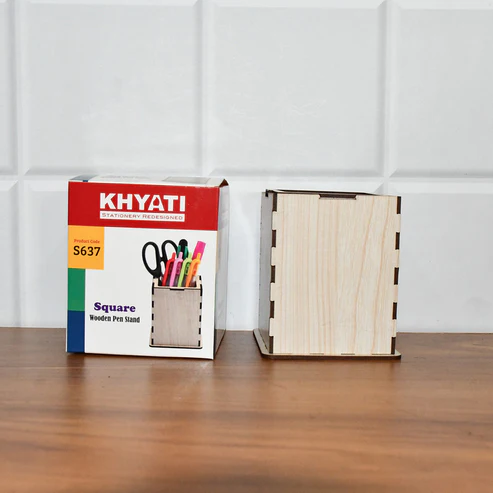 Wooden Pen Stand – Elegant Square Desk Organizer