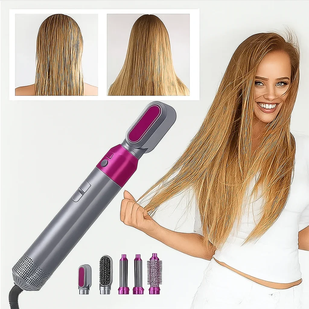 The 5 In 1 Hair Dryer Brush is a multifunctional hot air styler that effortlessly straightens, curls, dries, and combs your hair.