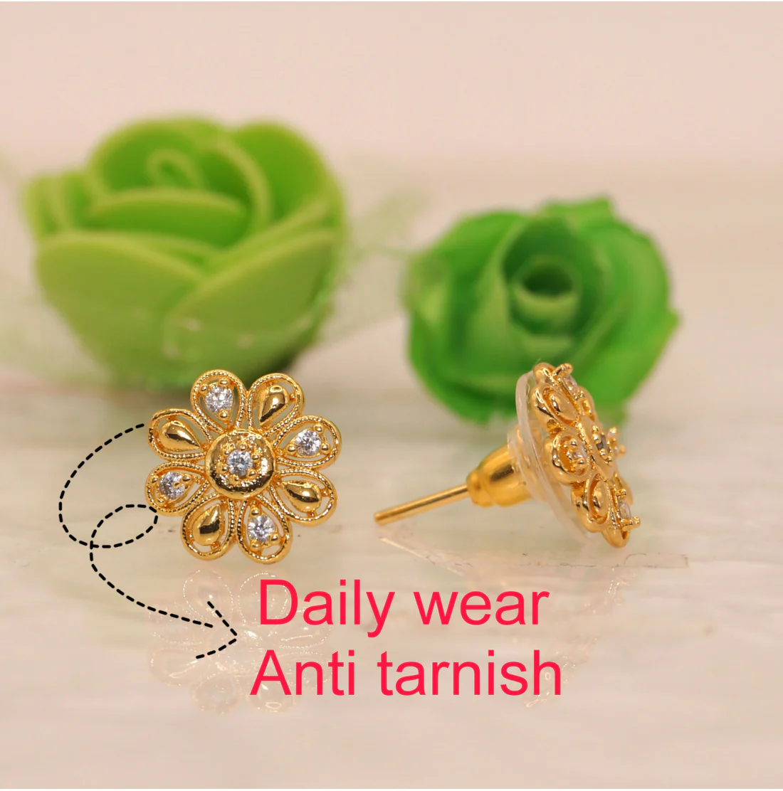 Gold Plated Floral Stud Earrings – Elegant Everyday Wear - Image 3
