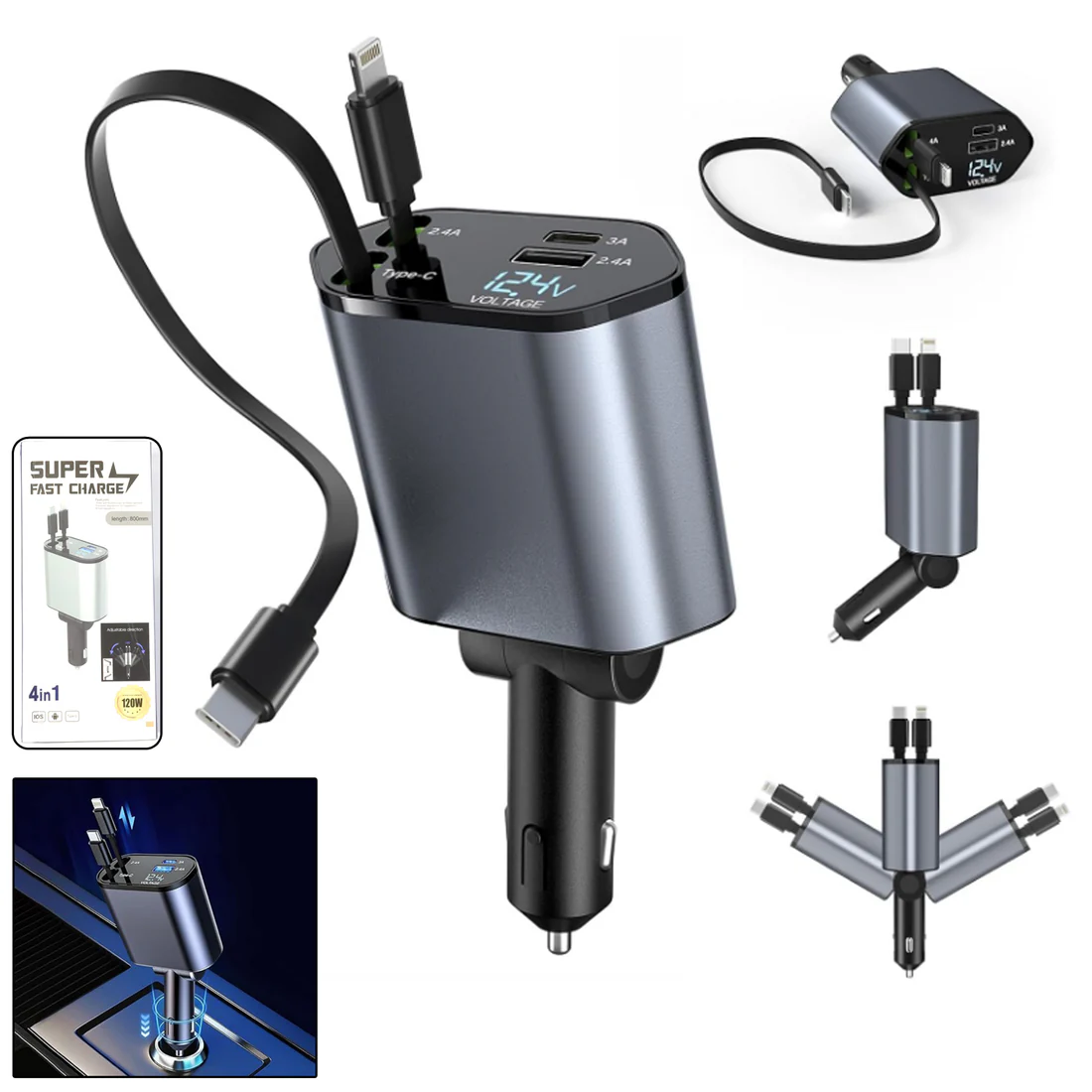 Experience powerful and reliable charging on the go with our 4-in-1 car charger, featuring dual built-in cables and dual USB ports for up to four devices simultaneously.