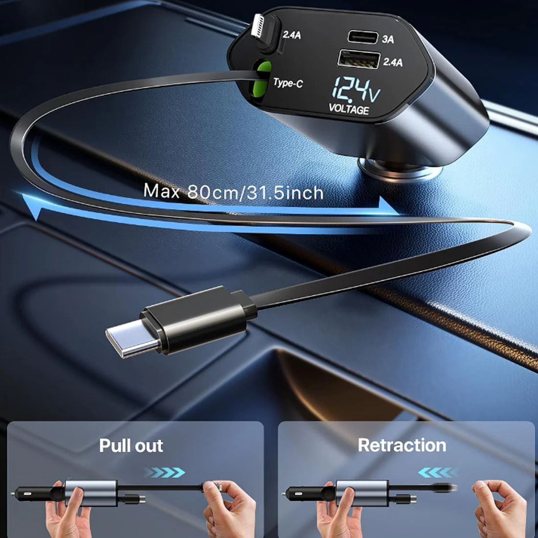 Experience powerful and reliable charging on the go with our 4-in-1 car charger, featuring dual built-in cables and dual USB ports for up to four devices simultaneously.