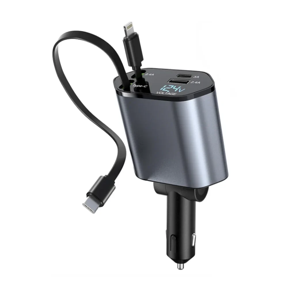 Experience powerful and reliable charging on the go with our 4-in-1 car charger, featuring dual built-in cables and dual USB ports for up to four devices simultaneously.