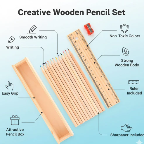 Wooden Pencil Set – 12 Pcs with Box & Sharpener