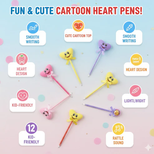 Cartoon Ballpoint Pens – 12-Pack Heart & Rattle Design