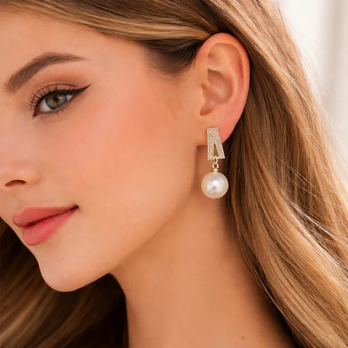White Pearl Drop Earrings – Gold Plated Crystal Studs - Image 4