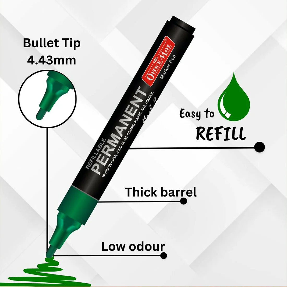 Green Permanent Marker Pen – Refillable, Bold Ink 10 Pack