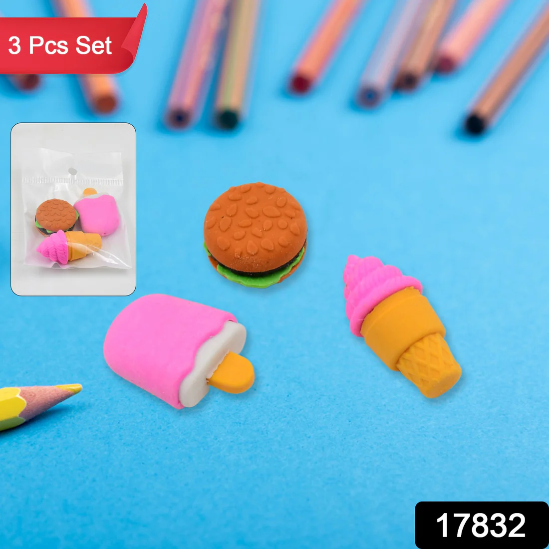 Fancy Erasers – Colourful 3 Pc Set for Kids School Supplies