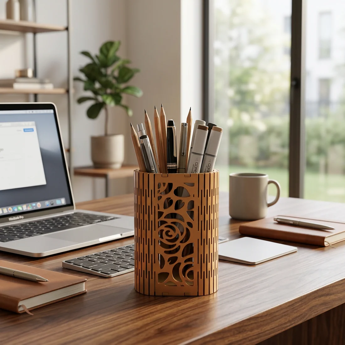 Wooden Pen Holder Laser Cut MDF Desk Organizer for Office