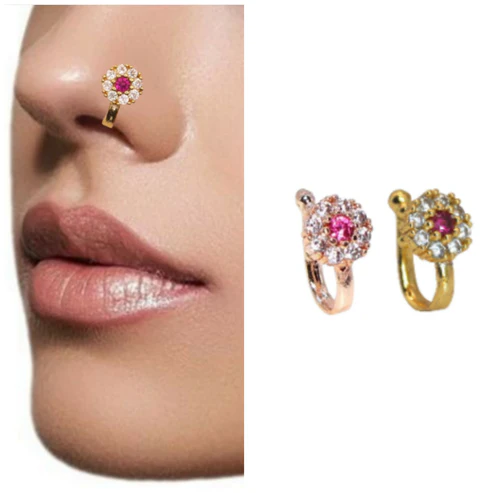 Non-Piercing Floral Nose Ring Set – Rose Gold Pink Stone Combo Pack