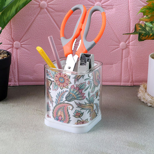 Crystal Square Pen Stand – Elegant Transparent Floral Organizer