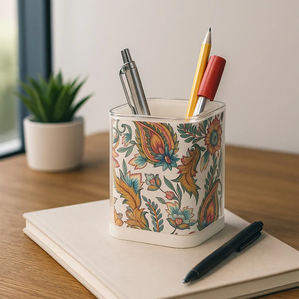 Crystal Square Pen Stand – Elegant Transparent Floral Organizer