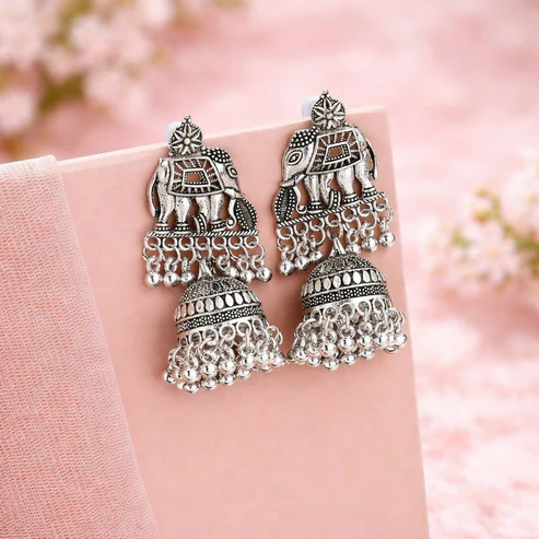 Elephant Jhumka Earrings – Traditional Silver Finish for Ethnic Wear - Image 3