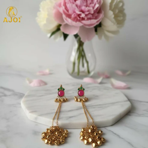 Kashmiri Ghunghroo Earrings – Regal Pink Chip Danglers - Image 4