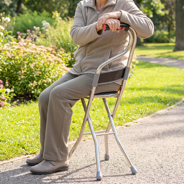 Folding Walking Stick with Seat and Backrest 4 Leg Cane Stool Chair (1 Pc) - Image 4