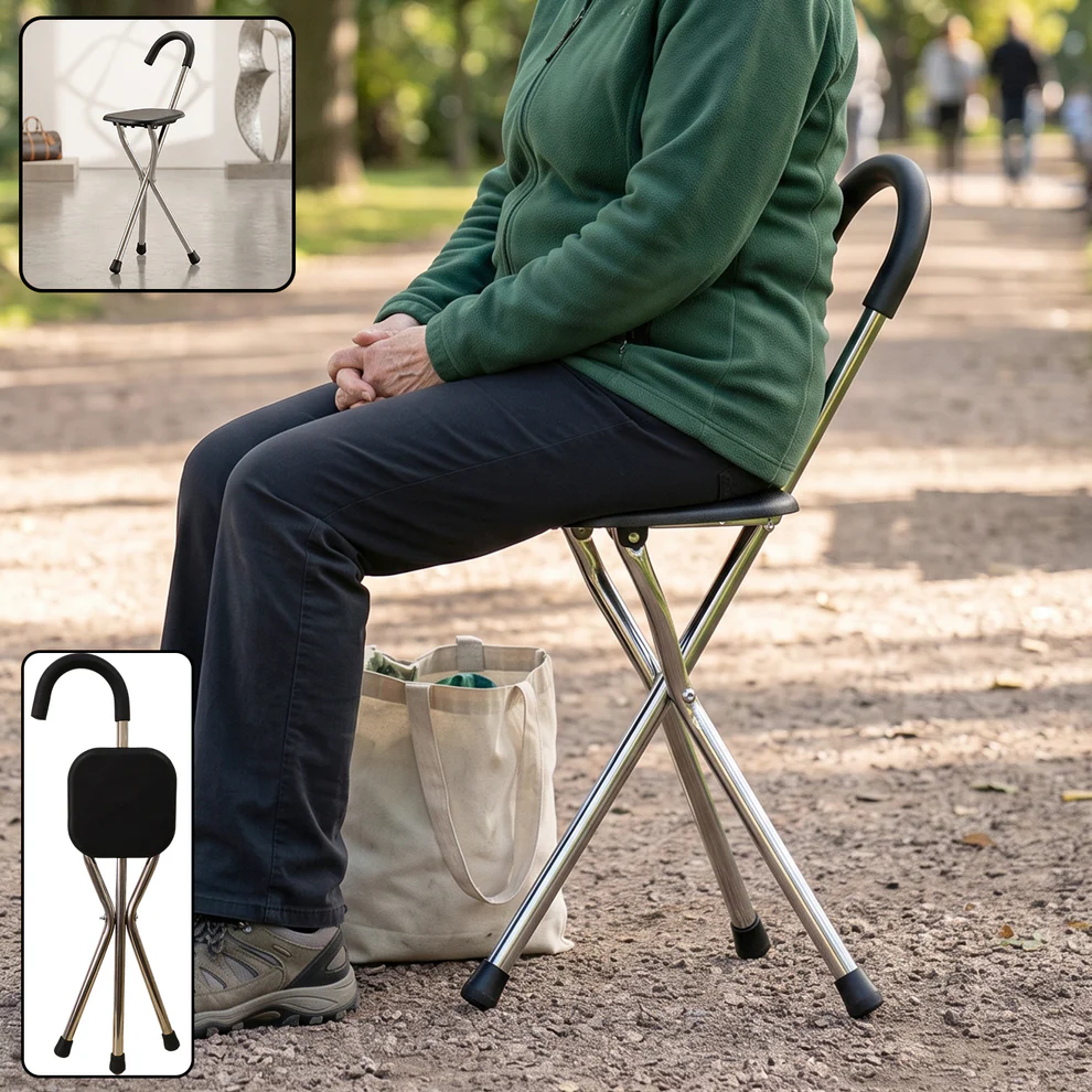 Folding Walking Stick with Seat 3 Leg Cane Stool Chair Support Stand (1 Pc) - Image 2