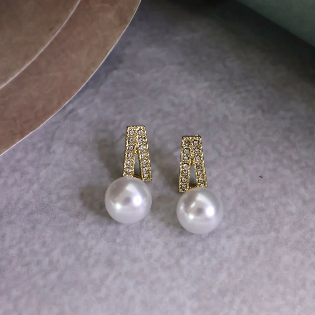 White Pearl Drop Earrings – Gold Plated Crystal Studs - Image 2