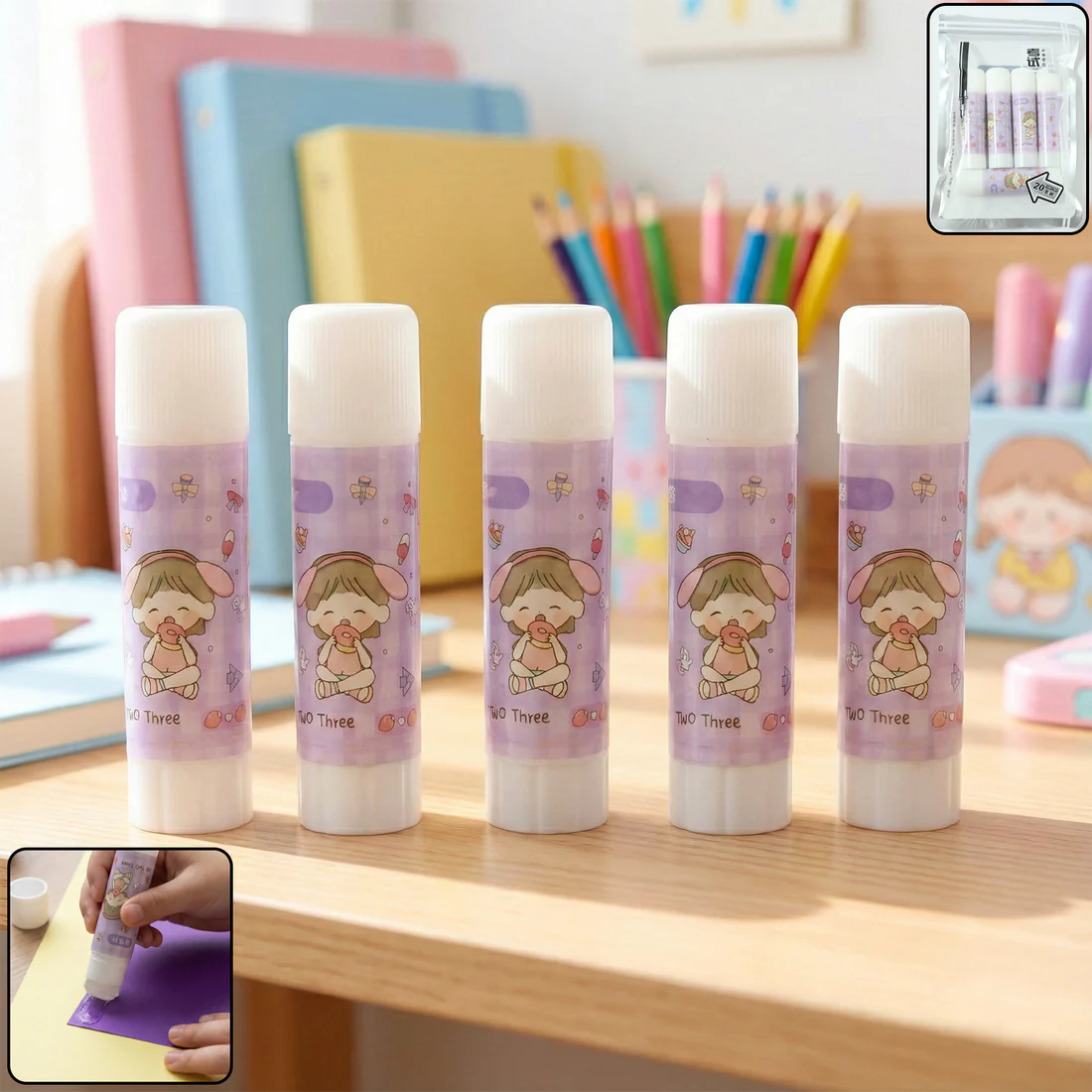Solid Glue Stick Pack of 5 – Cartoon Design, Mess-Free Adhesive