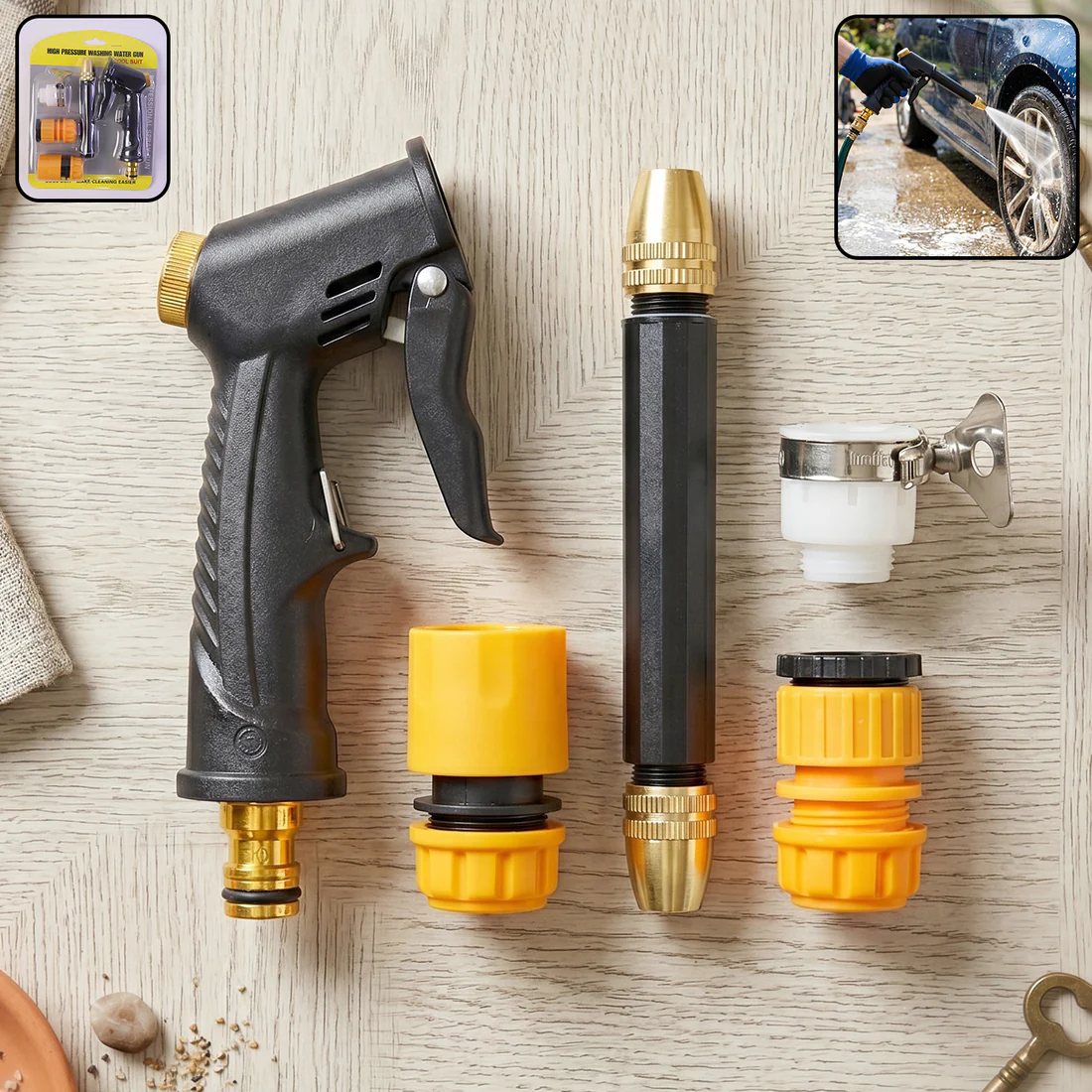 The high pressure water spray gun set transforms your garden hose into a powerful cleaning device, making it ideal for washing cars, bikes, and outdoor surfaces.