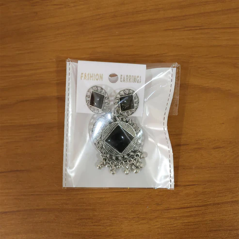 Oxidized Silver Earrings – Vintage Charm Black Stone Design